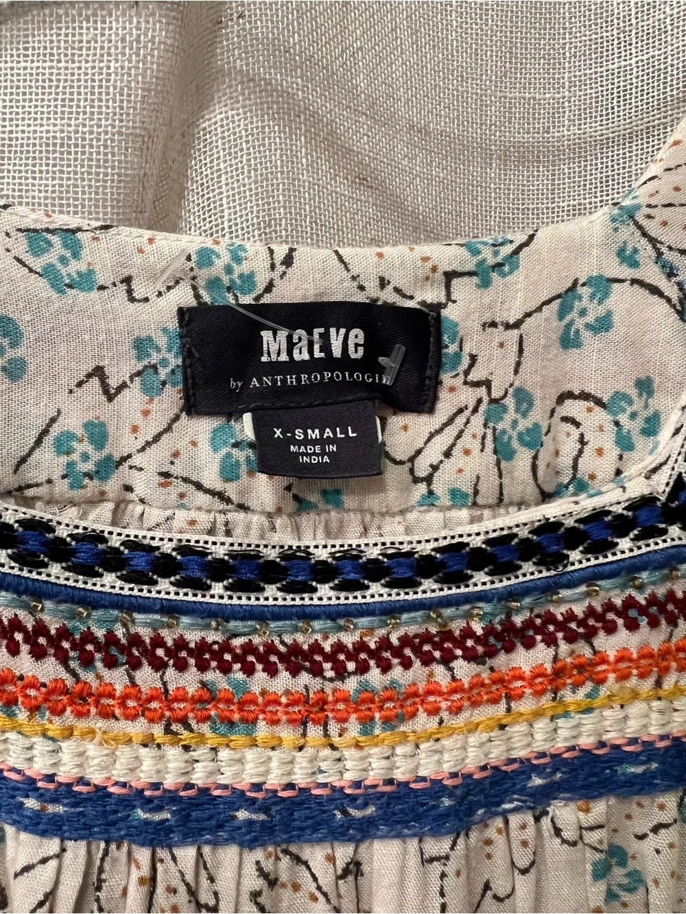 Anthropologie Cream Peasant Blouse with Red & Blue Accents